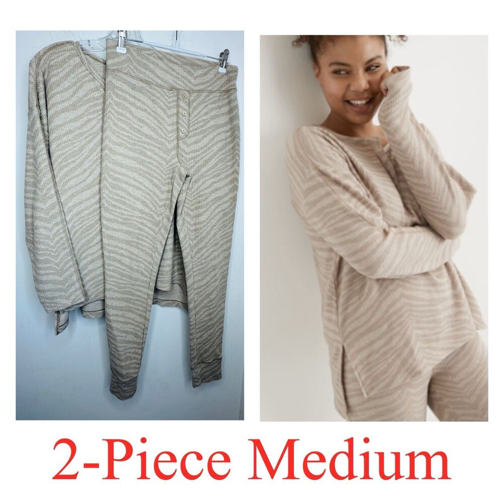 Aerie Waffle Knit Lounge Set Women’s Medium Beige Tan Quiet Luxury Animal Print